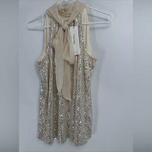 Calvin Klein Silver Sequin Top with Cream Bow small
